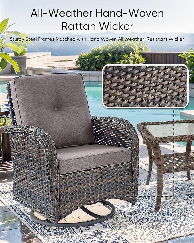 HUMMUH 5-Piece Patio Furniture Set with Fire Pit,Wicker Outdoor Swivel Rocker Chairs Patio Sofa for Backyard,Poolside,Deck,Brown Grey