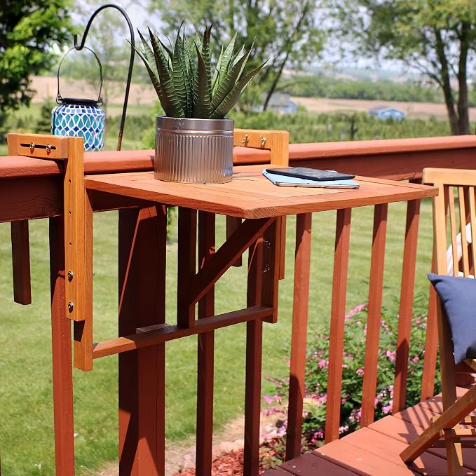 Sunnydaze Meranti Folding Balcony Patio Railing Table for 4-Inch to 8.75-Inch Railings