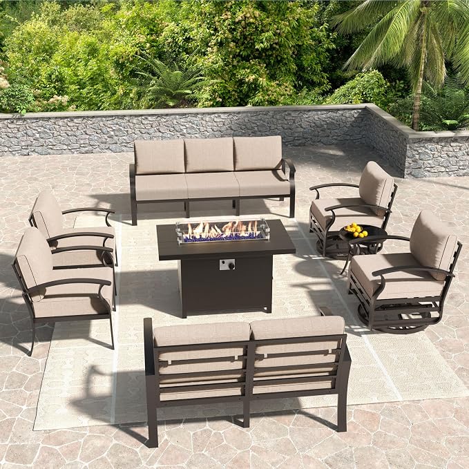 Kullavik Aluminum Patio Furniture Set,8 Piece Modern Metal Outdoor Patio Furniture w/5.1'' Thick Cushion,Swivel Chairs and Propane Fire Pit Table,Patio Conversation Sets for Porch,Deck,Sand
