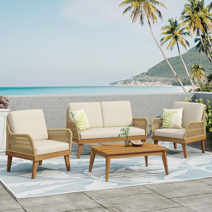 4-Pieces Acacia Wood Patio Furniture Set, All-Weather Outdoor Patio Conversation Set with Coffee Table and Soft Cushions, Rope Weave Porch Chairs for Garden Backyard Porch Balcony
