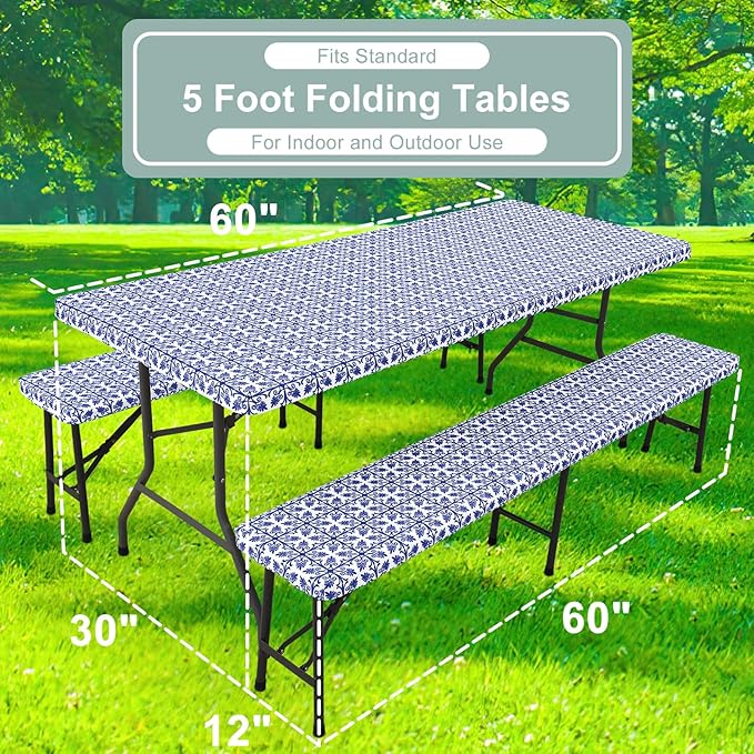 misaya Picnic Table Cover with Bench Cover, Waterproof Elastic Fitted Tablecloth for 5 Foot Tables, Rectangle Washable Polyester Tablecloths for Picnic, Camping, Outdoor (Blue, 30" x 60")