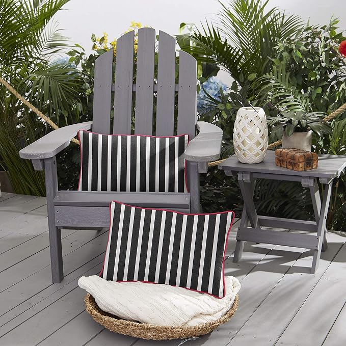 Sorra Home Indoor/Outdoor Sunbrella Lumbar Pillow Set, 14 in x 24 in, Black White Stripe
