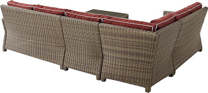 Crosley Furniture Bradenton 5-Piece Outdoor Sectional Sofa Wicker Conversation Patio Furniture Set for Deck, Brown with Sangria Cushions