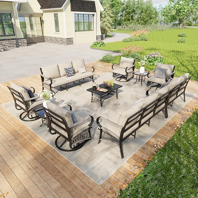 10 Pieces Patio Furniture Set, Metal Outdoor Conversation Sets with Swivel Chairs, Modern Couch Sofa Seating Group with Coffee Table and Side Table (Thick Beige Cushions)