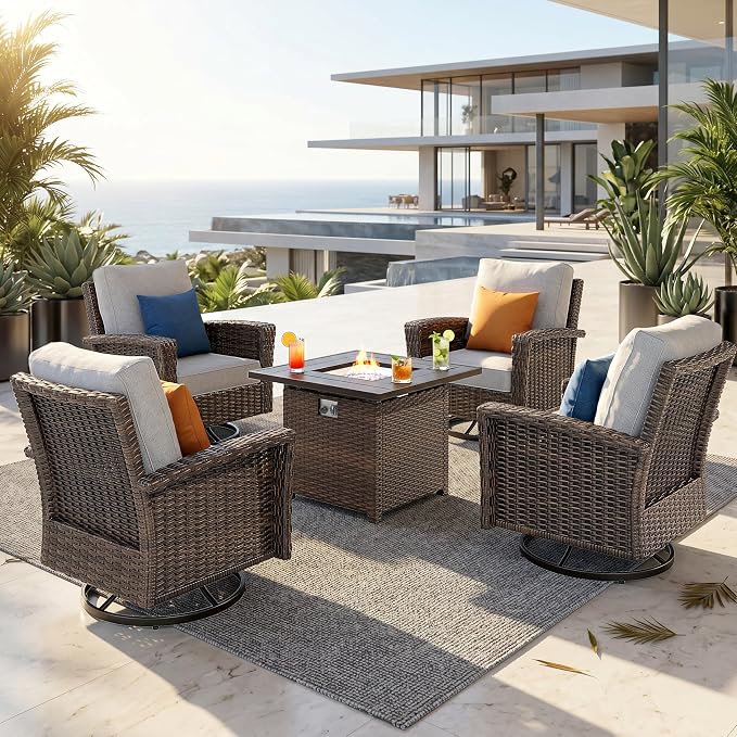 Patio Furniture Set with Swivel Chairs, High Back Wicker Rattan Furniture with 5.5" Thick Cushions & Fire Pit Table, All Weather Outdoor Conversation Set for Backyard Deck, 4 Seats, Grey