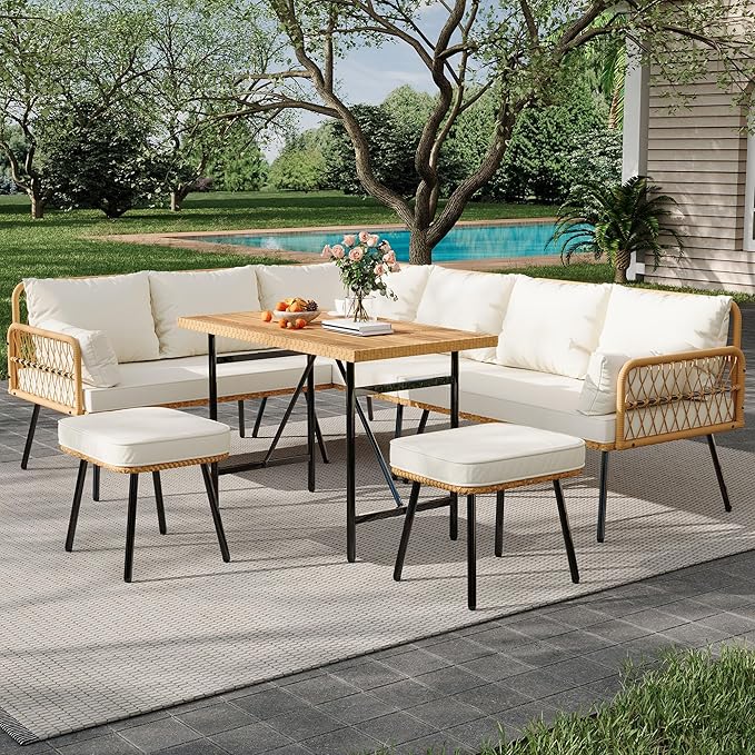 GarveeLife 6 Pieces Patio Furniture Sets Wicker Outdoor Sectional L-Shaped with Cushions & Wood Dining Table and Chairs Set, Boho Rattan 8 Seater Conversation Sets for Balcony, Backyard, Beige