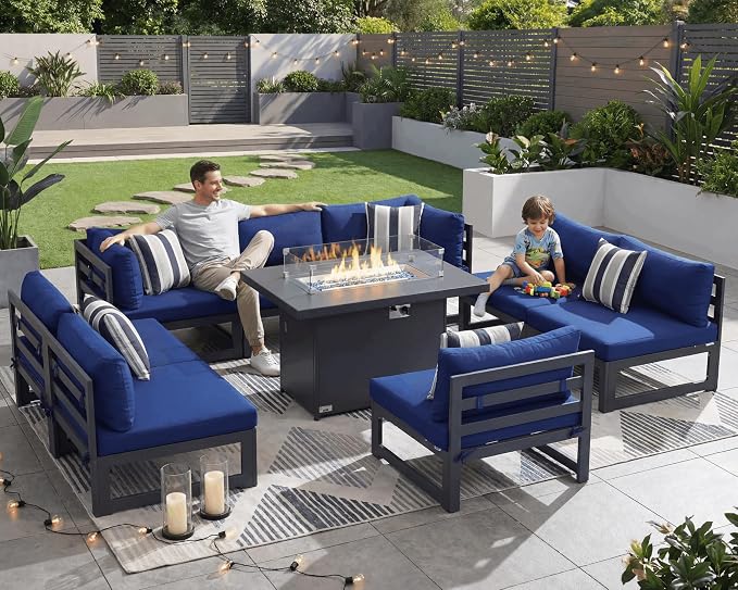 RADIATA 9 Piece L Shaped Contemporary Aluminum Outdoor Furniture Set with Firepit, 29 inch Deep Wide Large Couch Set, 500 lbs High Weight Capacity Modular Patio Sectional Sofa for Exterior, Navy Blue