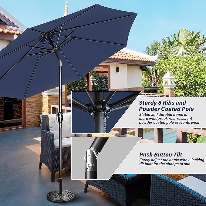YSSOA 9' Patio Umbrella Outdoor Table Market Yard Umbrella with 8 Sturdy Ribs, Dark Blue