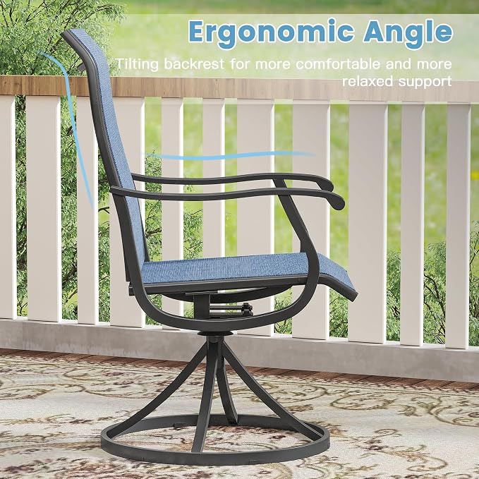 DIFY Patio Table and Chairs Set for 8, 9 Piece Outdoor Dining Set, 59.8" Black Round Metal Dining Table with Umbrella Hole and 8 Blue Textilene Swivel Patio Chairs, for Garden Backyard Deck