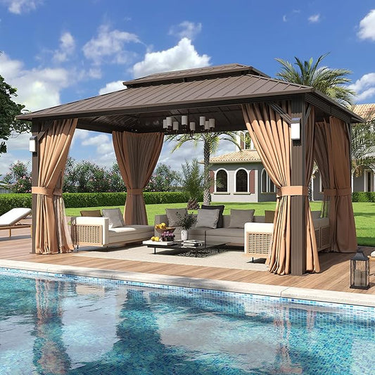 Aoxun 14'x10' Hardtop Gazebo with 4 LED Lights, Outdoor Gazebo with Galvanized Steel Double Roof, Patio Gazebo with Breathable Netting & Privacy Curtain, Decor Hooks for Backyard, Brown