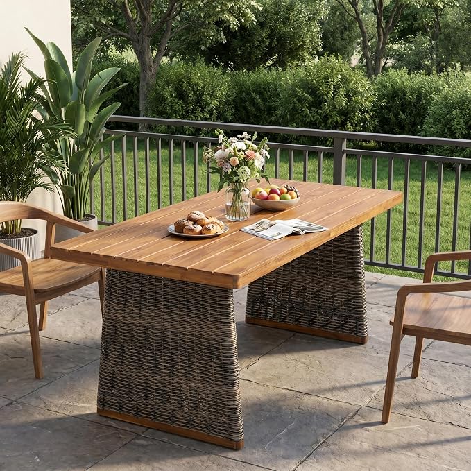 Christopher Knight Home Shuri Patio Acacia Wood Dining Table, Slatted Tabletop Outdoor Side Table with Handwoven Rattan Legs, Rectangular Outdoor Dining Table for Backyard/Garden, Grey + Teak