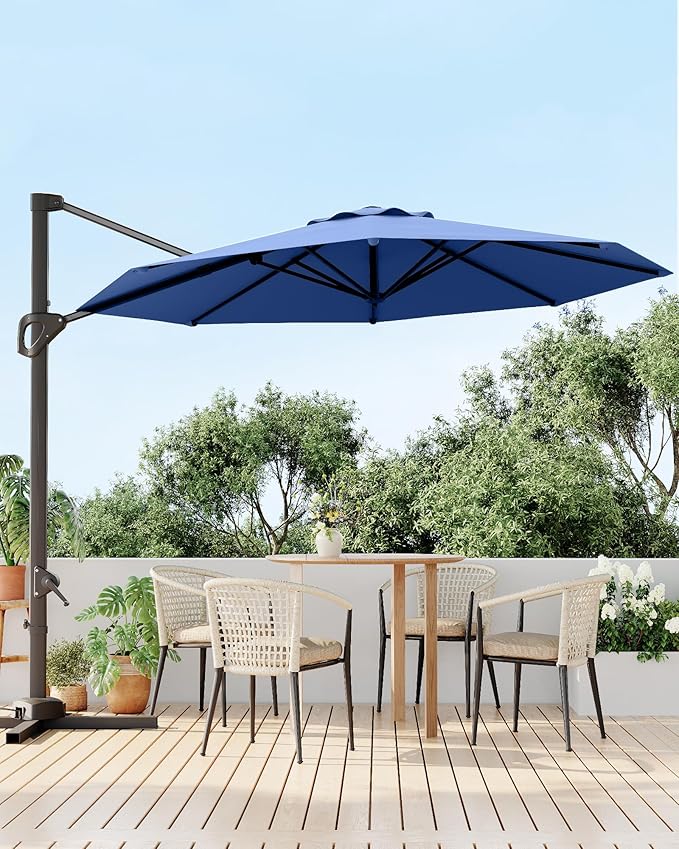 GarveeLife 10 ft Cantilever Umbrella Outdoor Patio Umbrella w/Base Included Market Offset Umbrella Sun Shade Windproof with 360-Degree Rotation for Patio Garden Deck Pool, Navy Blue