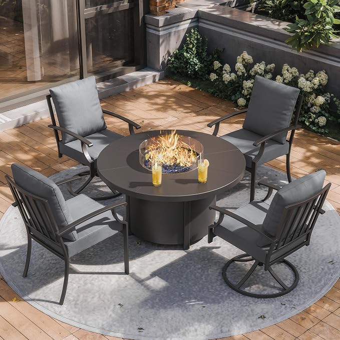 ALAULM 5-Piece Outdoor Dining Set for 4 Metal Outdoor Patio Furniture with 2 Swivel Chairs & 40000 BTU Round Fire Pit Table for Patio, Backyard, Garden-Grey