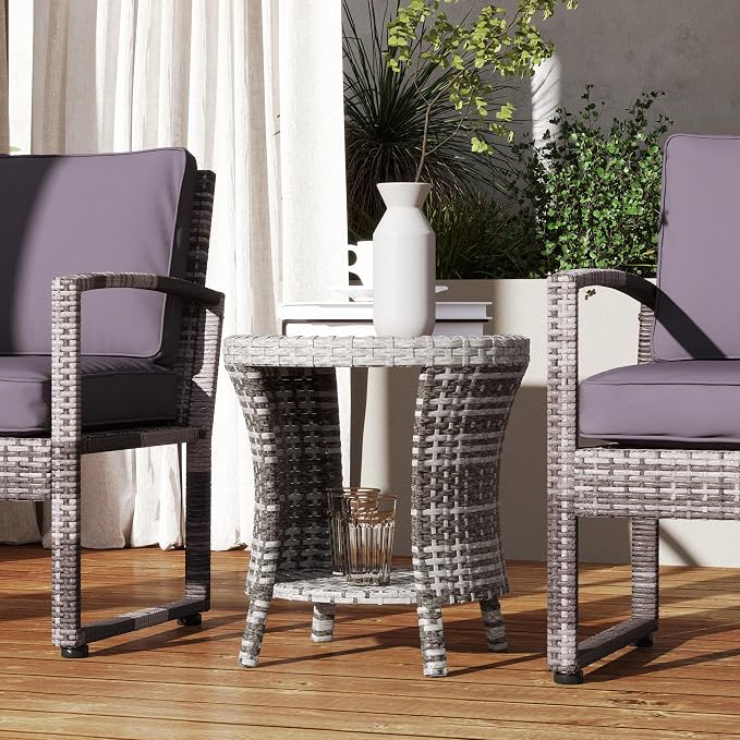 Outsunny 18" Outdoor Wicker Coffee Table, 2-Tier Patio Side Table with Storage, PE Rattan End Table with Composite Wood Top, Steel Frame for Garden Backyard Balcony, Mixed Gray