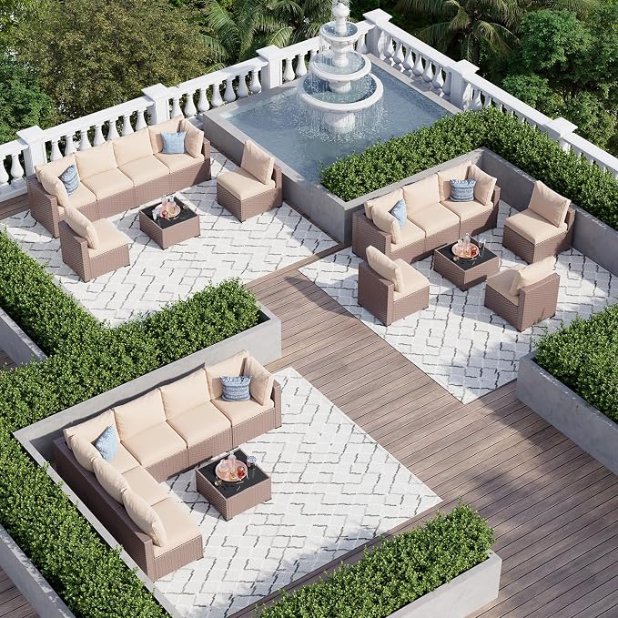 Aoxun 7 Piece Patio Furniture Set, Wicker Patio Sectional Sofa, Outdoor Furniture Set with Thickened Cushion, Brown