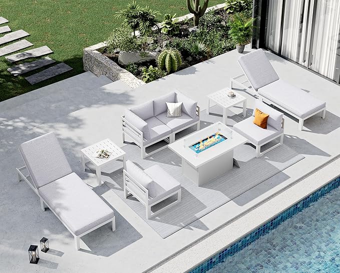NICESOUL 9 Pcs Oversized Aluminum Patio Furniture Set, 500 lbs Heavy Duty Outdoor Sectional Sofa with Lounge Chair & Fire Pit Table, 29" Deep Wide Seating Conversation Couch for Poolside, Light Gray