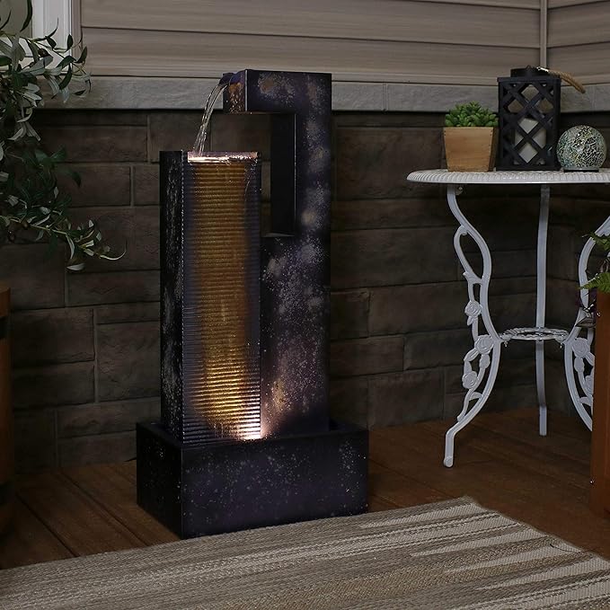 Sunnydaze Cascading Tower 32-Inch Outdoor Metal Fountain with LED Lights - Electric Submersible Pump with Adjustable Flow