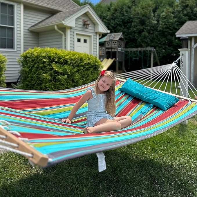 Lazy Daze Hammocks 12 FT Quilted Fabric Double Hammock with Spreader Bars and Detachable Pillow, 450lbs Weight Capacity