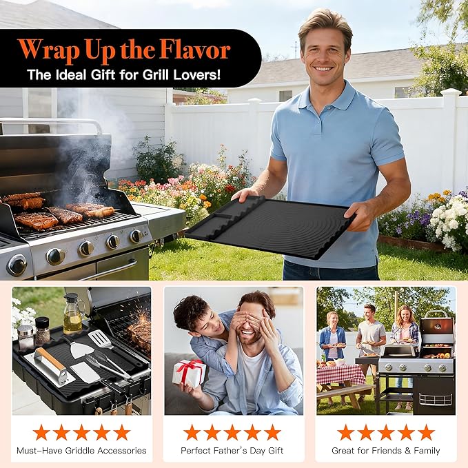 Silicone Grill Mat for Blackstone - BBQ Griddle Tools Side Mat with Drip Pad, Griddle Tools Mat for Outdoor Kitchen Countertop, BBQ Grill Accessories Gifts for Men (Black-2Pack)