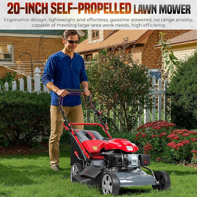 20-Inch Self-Propelled Gas Lawn Mower - 173cc Powerful Engine with 60L Grass Bag & Adjustable Cutting Height for Yard Lawn Care and Landscaping Red