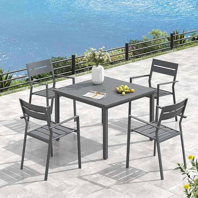 VICLLAX Square Patio Dining Table for 4, Outdoor Patio Table with Umbrella Hole for Garden Lawn Deck Backyard, Dark Grey Tabletop