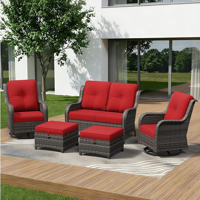 5 Piece Outdoor Wicker Patio Furniture Set, Outdoor Swivel Rocker Patio Chairs Set with Thickened Olefin Cushions, High Back and Deep Seating, Hand-Woven PE Rattan for Porch, Deck