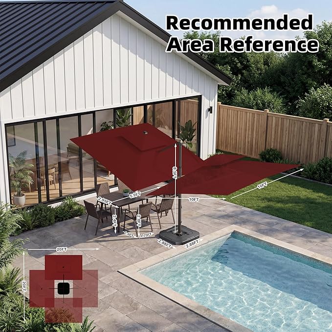 10x10 FT Cantilever Patio Umbrella Double Top Outdoor Square Large Heavy Duty Aluminum Offset Umbrellas with 7 Level Tilt 360-degree Rotation for Pool Garden Deck, Wine Red