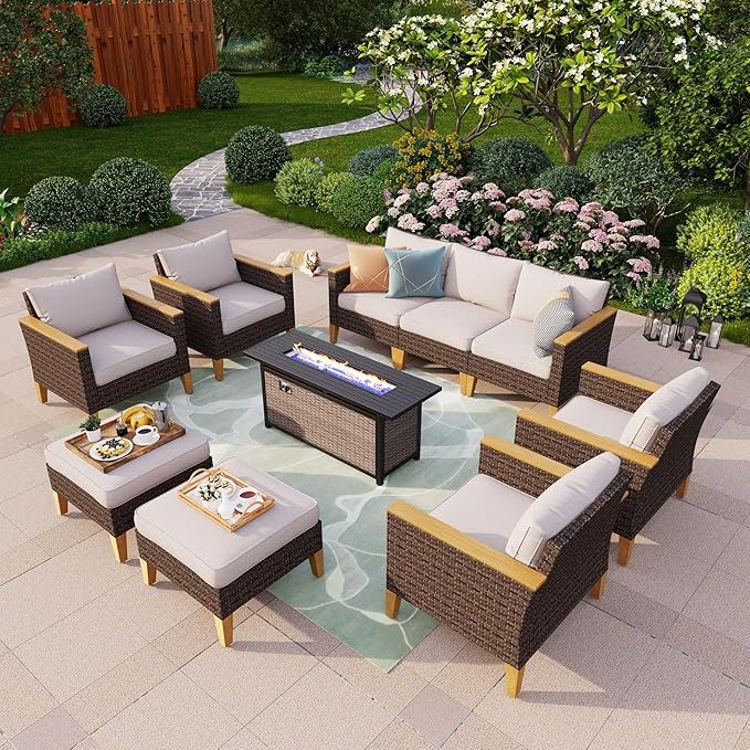 PHI VILLA 9-Seat Outdoor Wicker Furniture Set with 4-inch Thick Cushions, High Back Wicker Sofa with Gas Fire Pit Table for Cozy Patio Conversations in Elegant Beige (3 Seat Sofa)