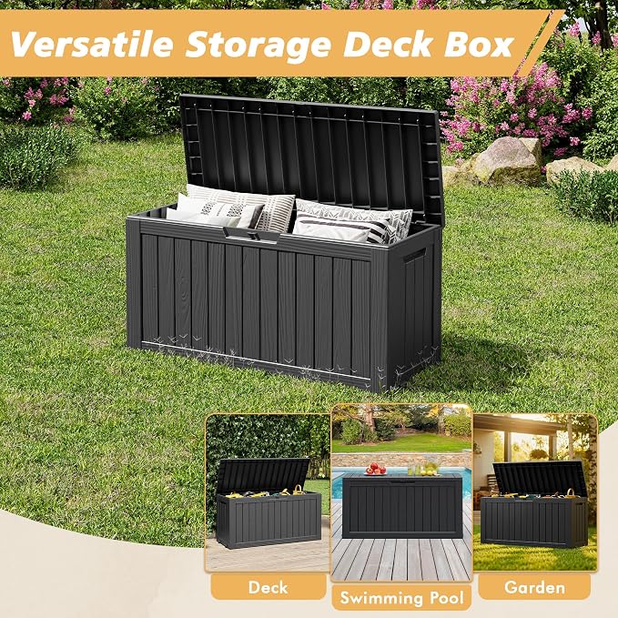 Fancyango 75 Gallon Outdoor Deck Box Waterproof, Large Storage Box for Patio, Resin Storage Bench Lockable for Garden Tools, Package Delivery, Black