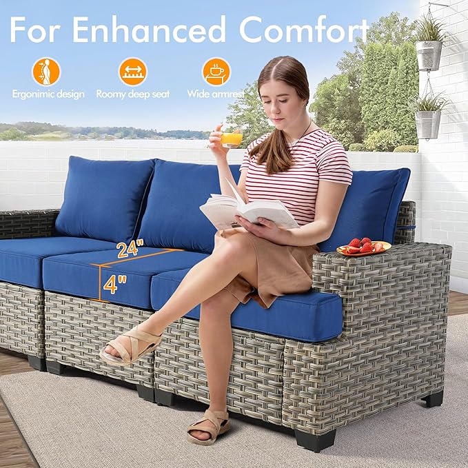 9 Pcs Outdoor Sectional Patio Furniture Set with Swivel Rocking Chair and Ottomans - All Weather Wicker Outside Sectional Couch,Patio Seating Outdoor Conversation Sets for Deck Yard Garden,Navy Blue