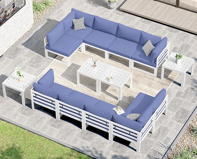 NICESOUL 14 Piece Extra Large Aluminum Outdoor Furniture Set, Rust-Proof Luxury Patio Sectional with Coffee Table, 500lbs Sturdy Comfortable Couch Sofa Conversations for Outside Garden, Denim Blue