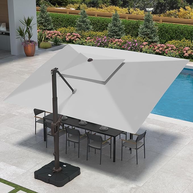 9 X 12 FT Cantilever Patio Umbrella with Led Lights and Base Included Outdoor Heavy Duty Double Top Rectangle Offset Umbrellas with 360-degree Rotation for Pool Deck Backyard, Foggy Grey