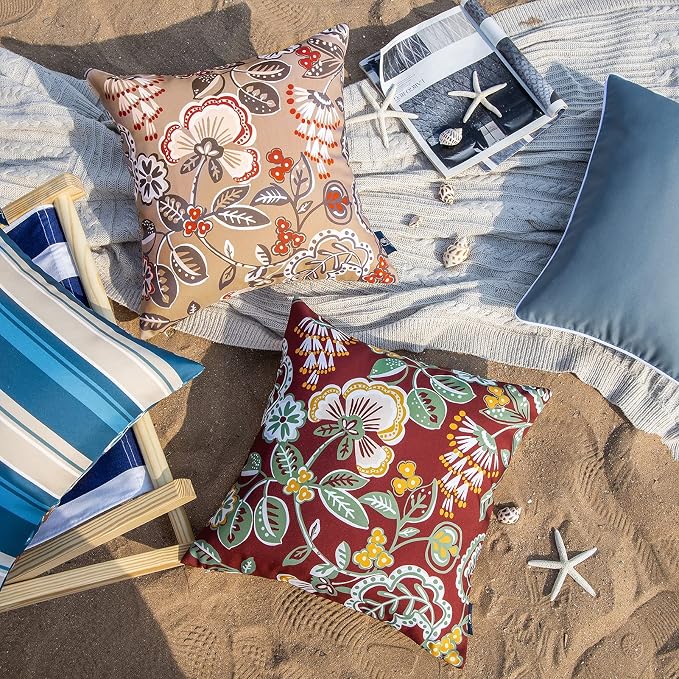 Phantoscope Bundles, Set of 2 Outside Waterproof Decorative Patio Pillow Covers, Light Coffee, 20 x 20 inches & Set of 2 Outdoor Waterproof Pillow Inserts 20 x 20 inches