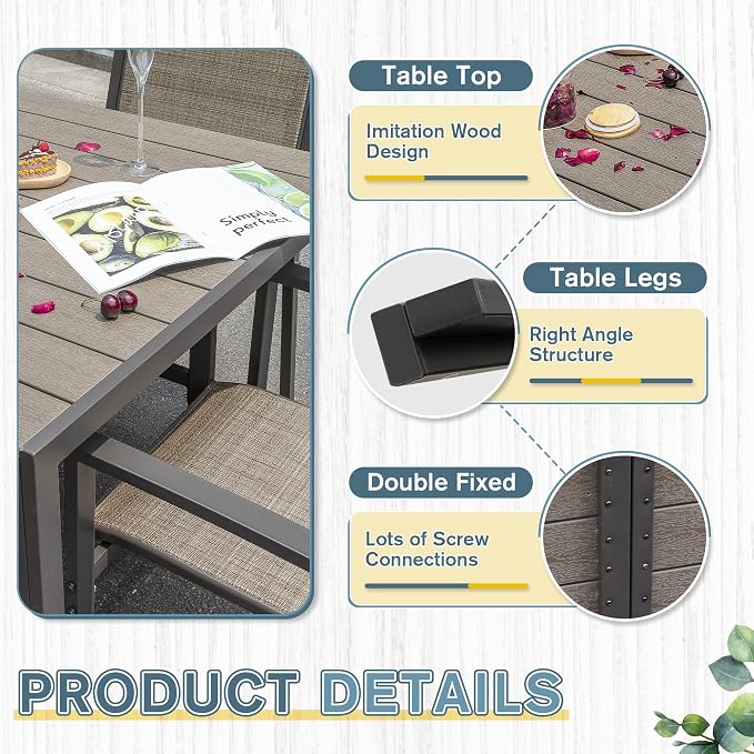JUMMICO Outdoor Dining Set 7 Piece Patio Furniture Set with Weather Resistant Table and 6 Textilene Chairs for Yard, Deck and Poolside (Brown)