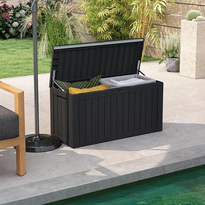 80 Gallon Deck Boxes Outdoor Waterproof, Outdoor Storage Box with Lockable Lid & UV-Resistant for Patio Furniture, Outdoor Cushions, Garden Tools and Pool Supplies, Black