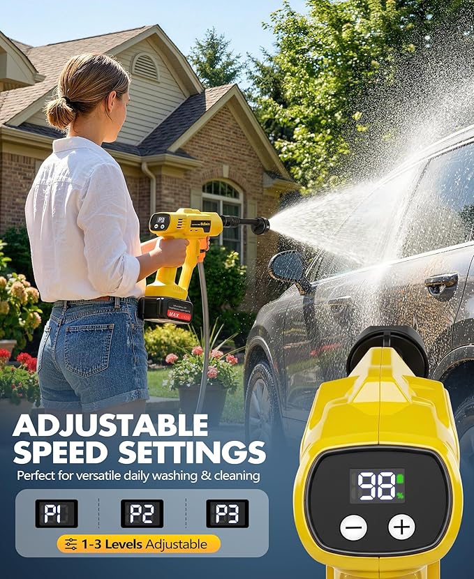 BluSwim Cordless Car Cleaning Tool with LCD Display, Portable Vehicle Cleaner with Brushless Motor, 3 Levels Adjustable Battery Powered Water Sprayer with 16.5FT Hose, 6-in-1 Nozzle for Patio - Yellow