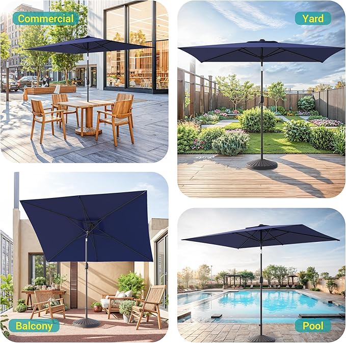Rectangle Patio Umbrella with Solar Lights, 10 x 6.5ft Rectangular Outdoor Umbrella Table Market Patio Umbrella with Push Button Tilt and Crank for Garden, Deck, Backyard, Pool