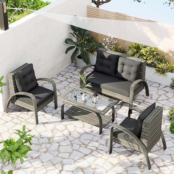 4-Piece Sectional Rattan Patio Furniture Set, All-Weather PE Wicker Sofa Set, Outdoor Patio Conversation Set with Tempered Glass Storage Coffee Table for Backyard, Poolside