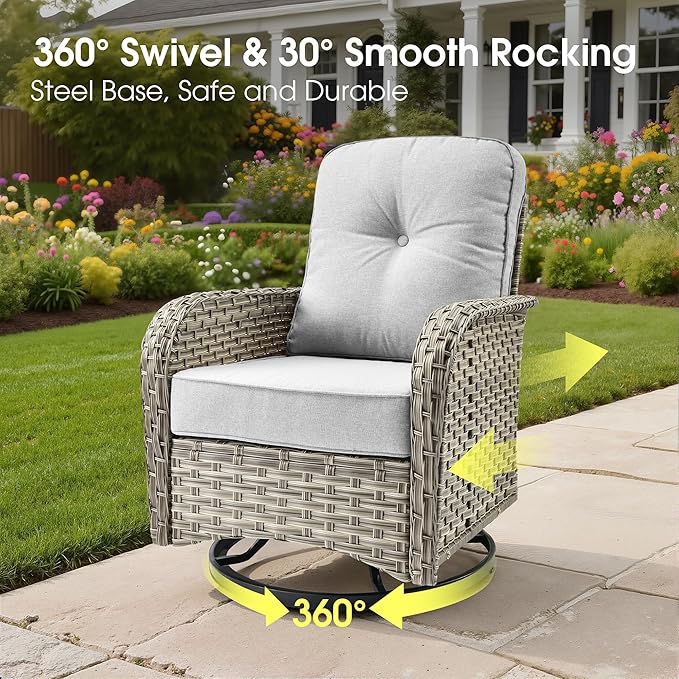 Rattan Patio Furniture Set with Fire Pit Table,9 Pieces Outdoor Sectional with Swivel Chairs Ottoman,Out Door Furniture Conversation Set,Light Grey