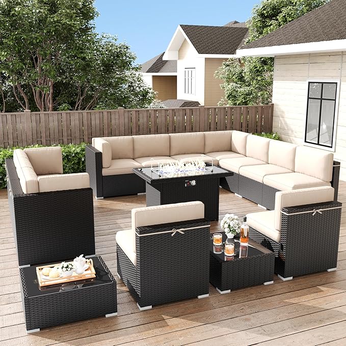 LayinSun 15 Pieces Patio Furniture Set with Fire Pit Table, Black Rattan Modular Sectional Patio Conversation Sofa Set