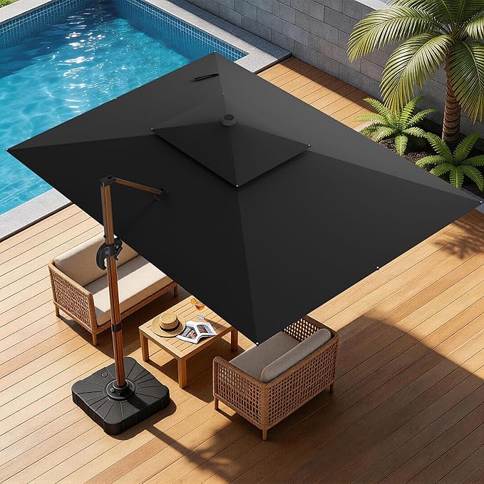 10x13FT Cantilever Outdoor Patio Umbrellas, Double Top Wood Pattern Rectangle Umbrella, Heavy Duty 360°Rotation Offset Umbrella for Garden Deck Pool Patio, Black