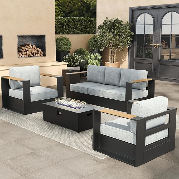 Aluminum Patio Furniture Set, 5 Seats Luxury Seating Furniture with 42" Fire Pit Table, All Weather Outdoor Conversation Sets with 6" Thickened Cushions