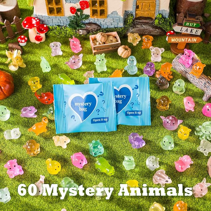 60Pcs Glow in The Dark Mini Resin Animals Mystery Bags,Individually Wrapped Blind Bag Resin Animals,Tiny Animal Figurines for Fairy Garden,Terrarium Decor,Party Favors,DIY Crafts