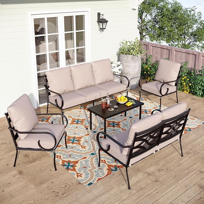 PHI VILLA Extra Large Metal Patio Furniture Sets, All-Weather Steel Frame Heavy Duty Patio Conversation Sets for Backyard, Porch and Garden