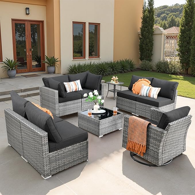 9 PCS Outdoor Patio Furniture Sets with Wicker Rocking Chair,Wicker Weather Resistant Patio Conversation Set with Comfy Cushions,Modular L Shaped Sofa with Coffee Table for Yard,Black