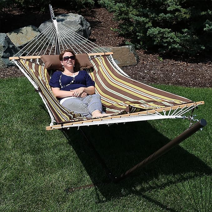 Sunnydaze Rope Hammock with Stand for Outside- 275-Pound Capacity - Includes 12-Foot Hammock Stand, Spreader Bar, Pad, and Pillow - Desert Stripe