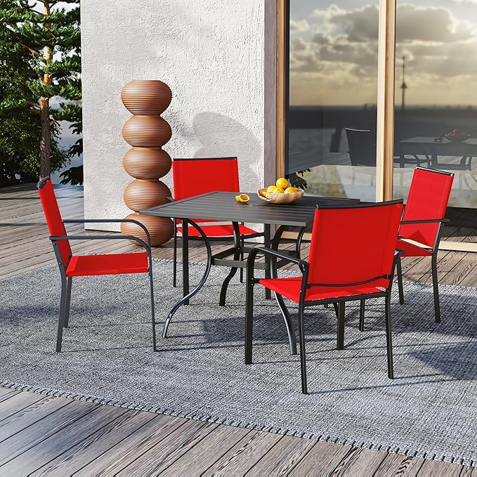 Anmutig 5 Piece Small Patio Table and Chairs Set for 4 with 4 Red Chairs and Slat Top 35"x35" Metal Table for Outside, Deck, Porch, Backyard