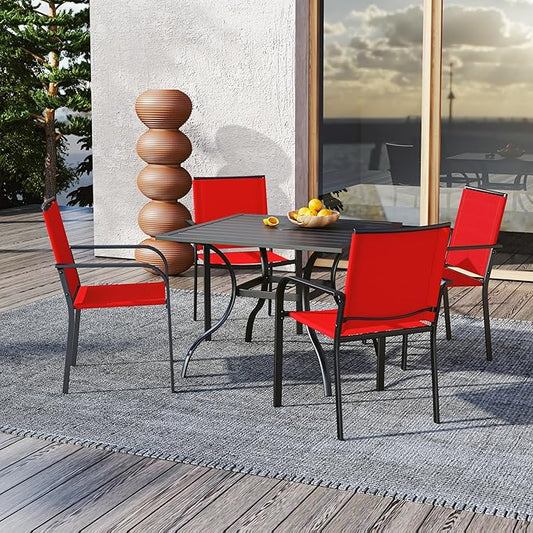 Anmutig 5 Piece Small Patio Table and Chairs Set for 4 with 4 Red Chairs and Slat Top 35"x35" Metal Table for Outside, Deck, Porch, Backyard