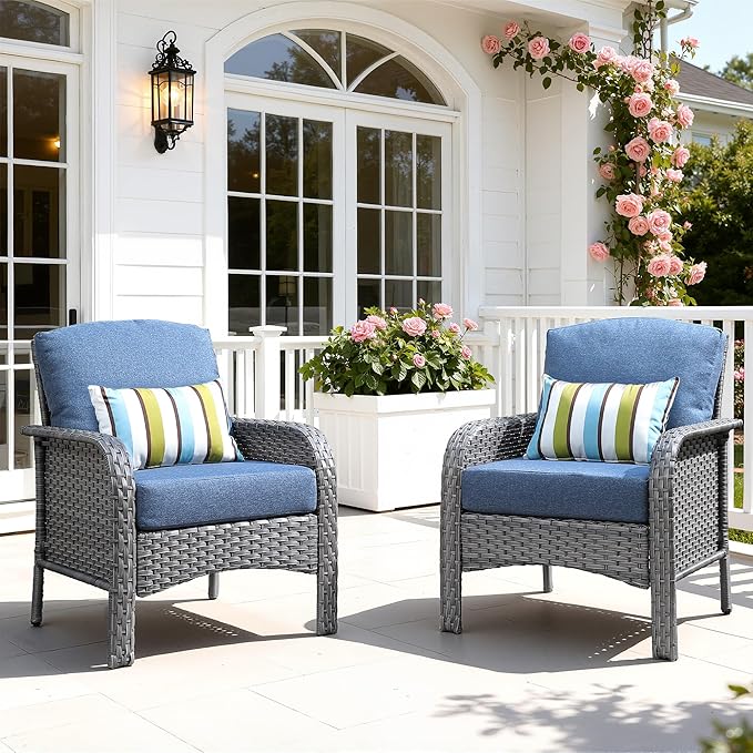 2 Pieces Patio Furniture Set, Two Single Chair Outdoor Furniture, All-Weather Rattan Wicker High Back Conversation Set of 2 for Small Space Porch, Backyard, Balcony, Denim Blue