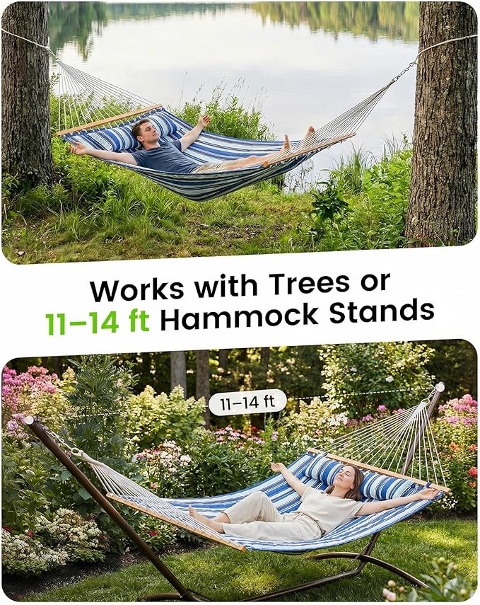 Double Quilted Outdoor Hammock for 2 Adults, 500lb Capacity Backyard & Camping Hammock with Pillow and Bamboo Spreader Bar, Fits 11–15ft Hammock Stands (Stand Not Included),Blue
